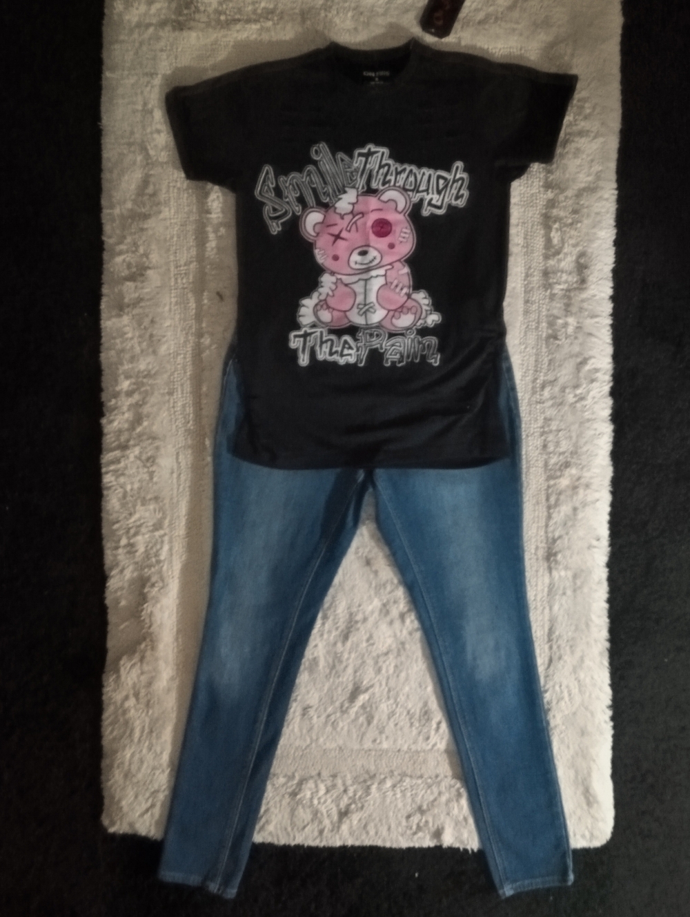 On Fire Black Tee with Pink Bear Graphic and Est. 1946 Denim Jeans
